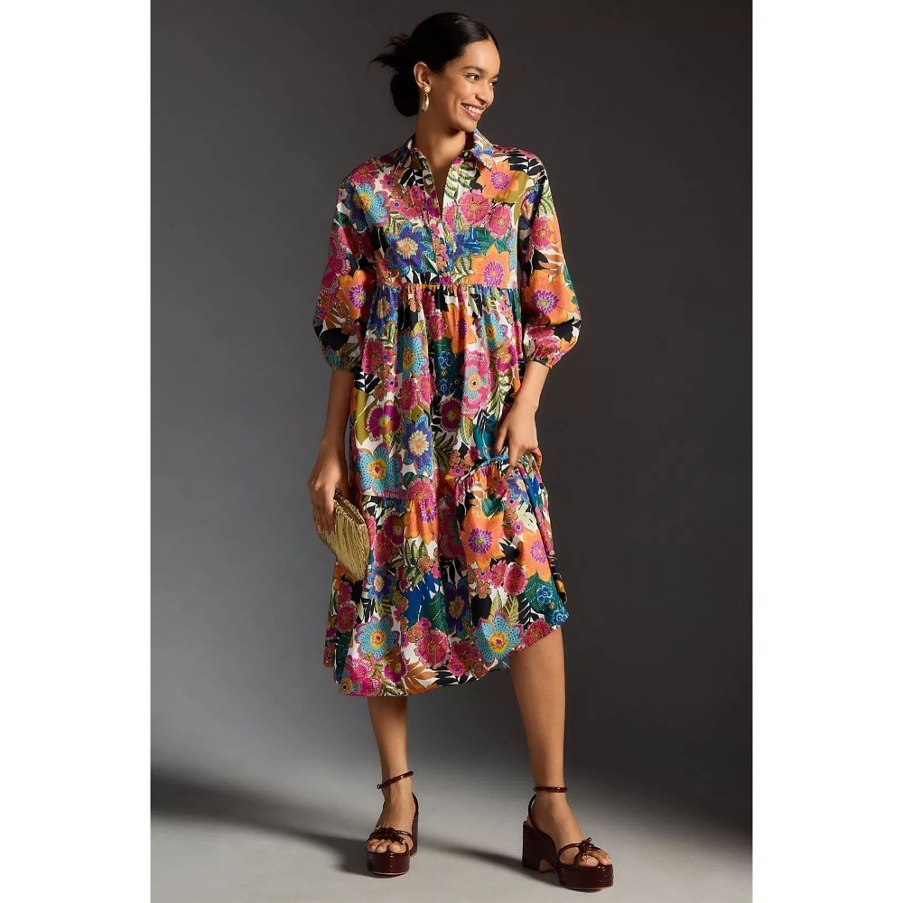 Anthropologie Maeve Bettina Cotton Midi Shirtdress XL Floral Tiered Maxi Dress